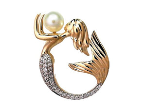 14k Yellow Gold Circle Mermaid Pendant with Freshwater Pearl & Diamonds, D=.10tw