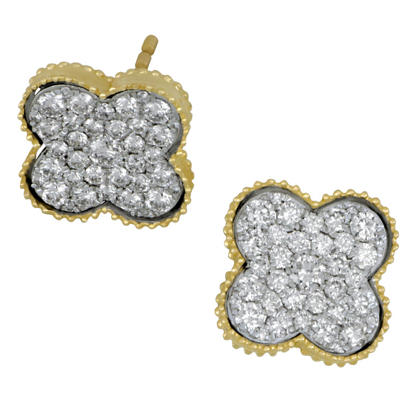 14k White and Yellow Gold Two Tone PAVE CLOVER Post Earrings 74D=1.00TW GH/VS-SI