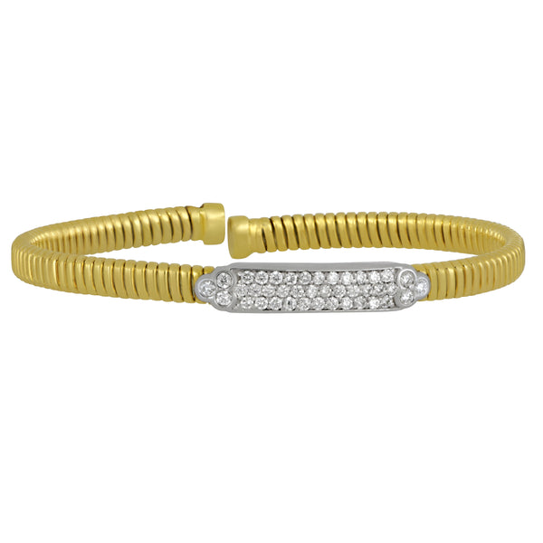 18 Karat White and Yellow Coil Flex Bangle with Diamond Pavè Center Bar, Dias=.55tw G/SI1