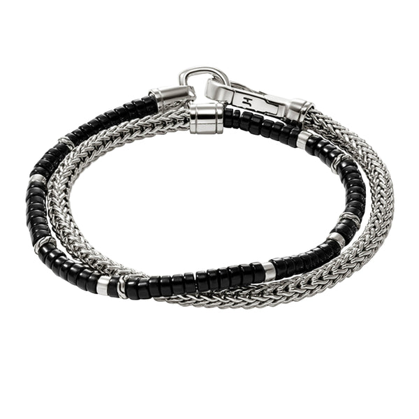 Heishi Silver Double Wrap Bracelet on 4.5mm chain with treated Black Onyx Beads with Hook Clasp