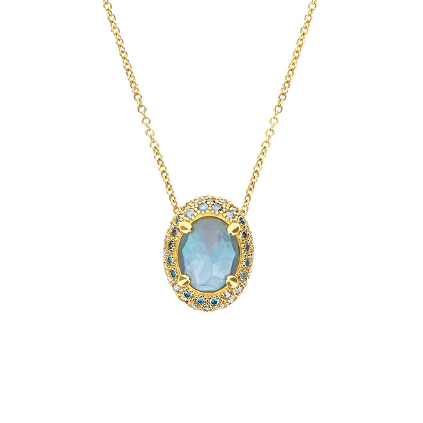 Nanis 18k Yellow gold dance reversible blue topaz and green amethyst pendant 24" necklace