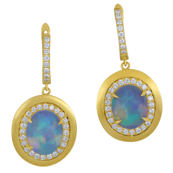 14k Yellow Gold Frame and Diamond Halo Oval Opal Earrings (2OV OPLS= 4.94TW 64D=0.79 TW GH/SI ER)