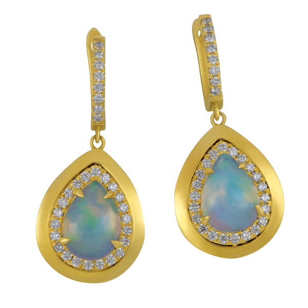 18k Yellow Gold Frame and Diamond Halo Pear Opal Earrings  (2PS OPLS= 2.82TW 60D=0.71 TW GH/SI ER)