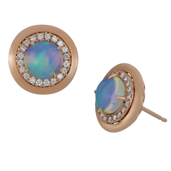 18k Rose Gold Round Opal Earrings with Diamond Halo (HLO 2RND OPALS =2.15TW 40D= 0.40TW GH/SI ER)