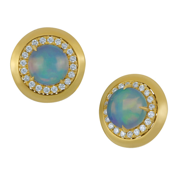 14k Yellow Gold Round Opal Earrings with Diamond Halo (HLO 2RND OPALS =2.66TW 40D= 0.40TW GH/SI ER)