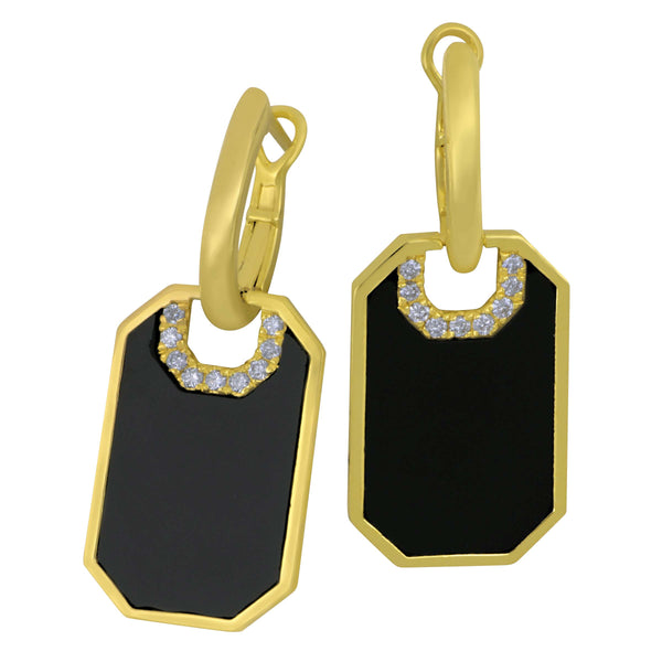 14k Yellow Gold Black Onyx Tag-Style Huggie Earrings (D=0.13TW GH/SI10