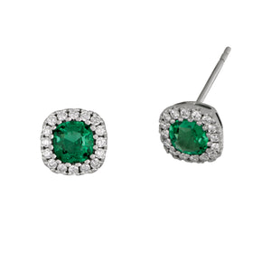 18 Karat White Gold Cushion Cut Emerald with Diamond Halo Stud Earrings, 2Em=.86tw, Dias=.26tw GH/SI