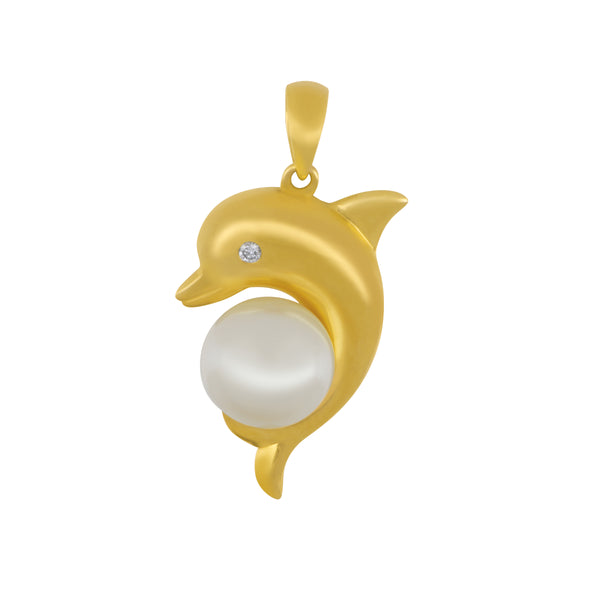 14k Yellow Gold Dolphin Pendant with Freshwater Pearl and Diamond Eye, D=.01ct