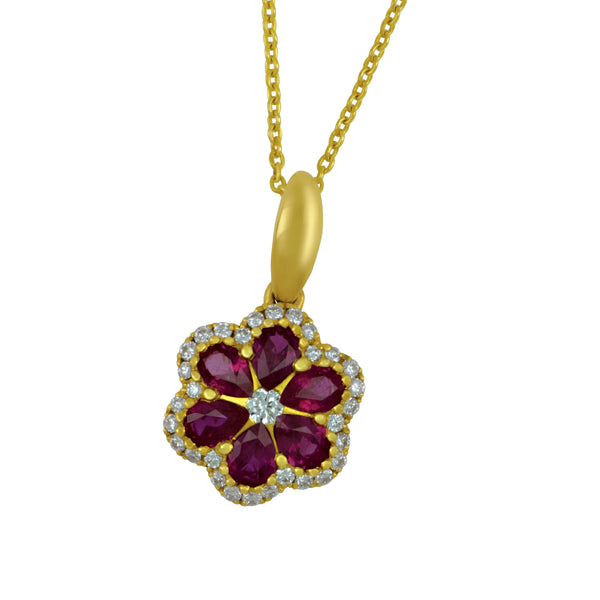 14 Karat Yellow Gold 18" Ruby and Diamond Flower Necklace, Ru=.64tw, 31Dias=.14tw GH/SI