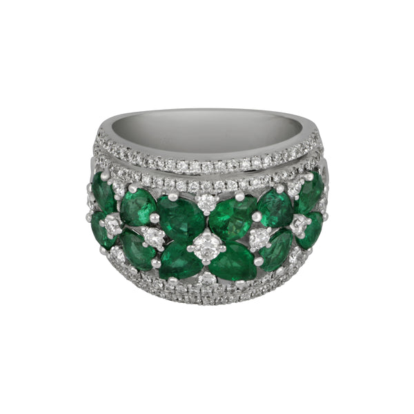 18k White Gold Emerald and Diamond Band Size 6.5, 12Em=2.72tw, Dias=.89tw GH/SI