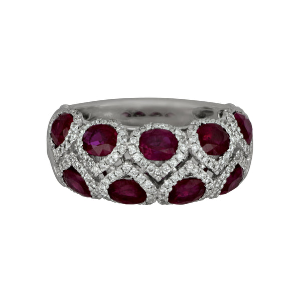 14k White Gold 2 Row Ruby and Diamond Ring Size 6.5, 9Ru=2.63tw, Dias=.43tw GH/SI