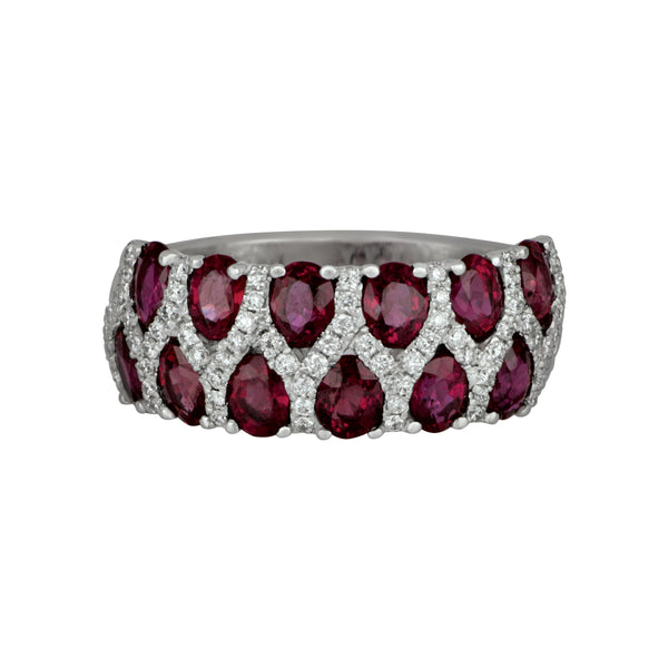 18k White Gold 2-Row Ruby and Diamond Ring Size 6.5, 12Ru=2.98tw, Dias=.29TW GH/SI