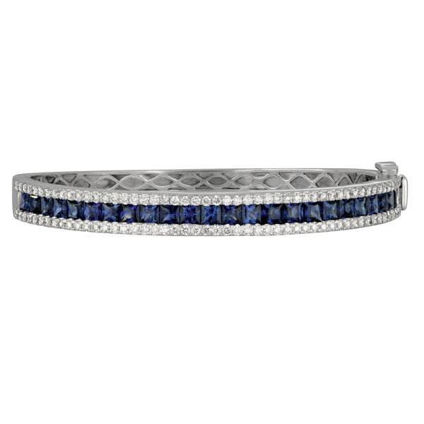 14k White Gold 3-Row Sapphire and Diamond Bangle Bracelet, Sap=5.36tw, 100Dias=1.70tw GH/SI