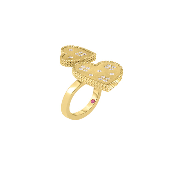 Roberto Coin 18k Yellow Gold Diamond Venetian Princess Double Heart Ring Size 6.5 (D=.31)