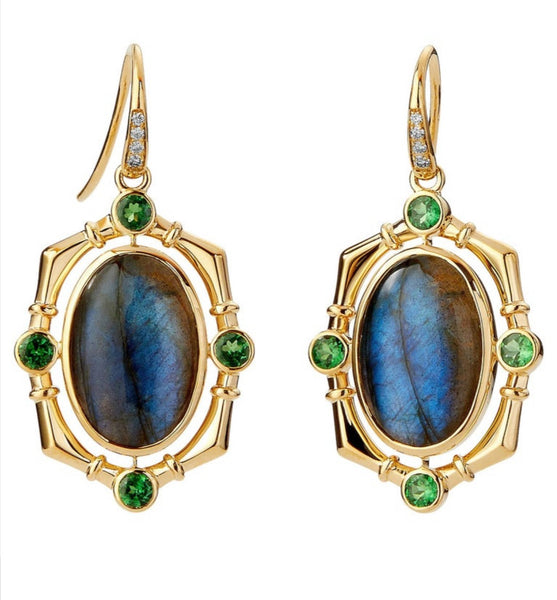 Syna 18K Yellow Gold Labradorite Earrings with Tsavorites & Diamond