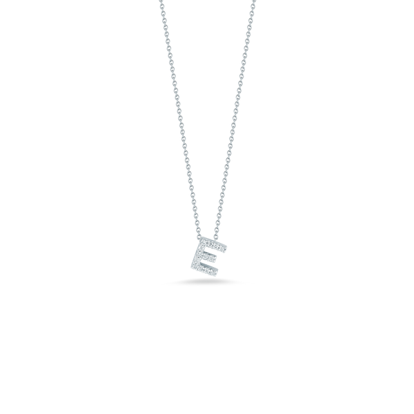 Roberto Coin 18k White Gold Tiny Treasures Diamond Block Love Letter "E" Pendant 16-18" Adjustable Chain (D=.06)