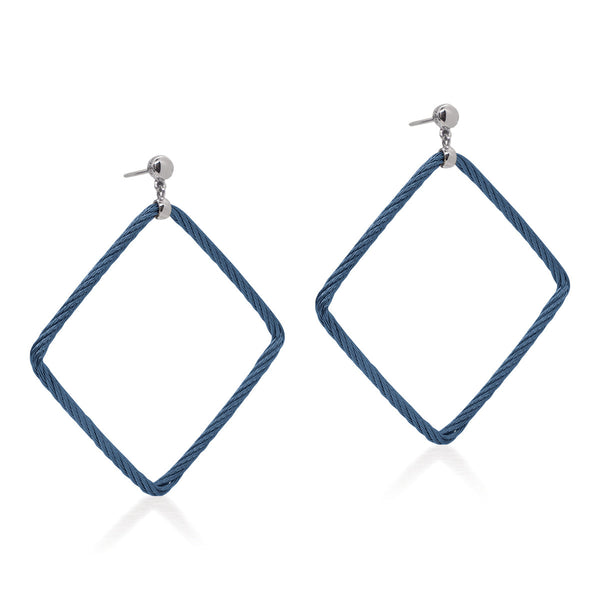 Alor Blueberry Stainless Steel Cable Open Square Drop Earrings with 18k White Gold Posts and Clutch Closures