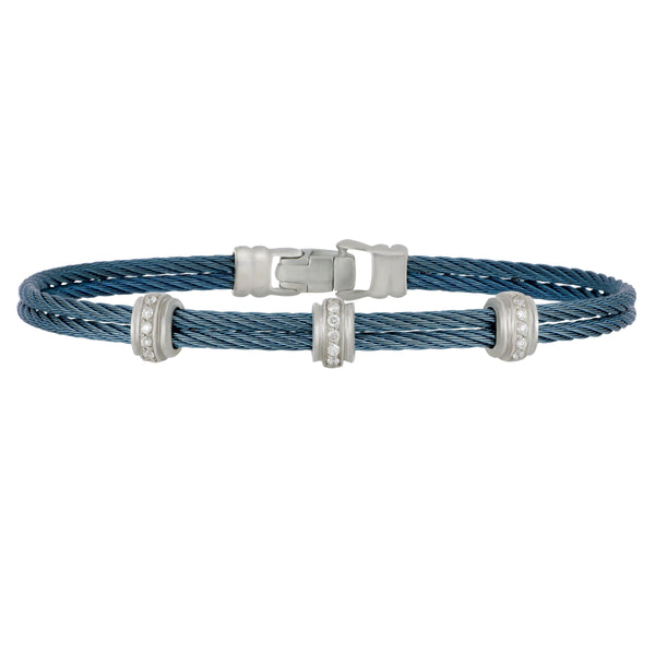 Alor Caribean Blue Stainless Steel and 18 karat White Gold 2 cable 3 Diamond bar Stations Bangle size 7, D=0.13tw GH/SI1