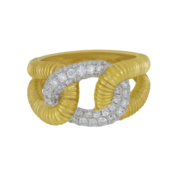 18k Yellow and White Gold Diamond Pave Interlocking Curb link Ring Size 6.5, D=1.08tw GH/SI