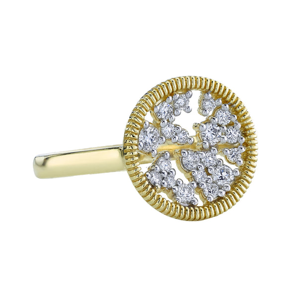 Sloan Street 18 Karat Yellow Gold Circle and Diamond Ring with Stride Details, 19Dia=.36tw