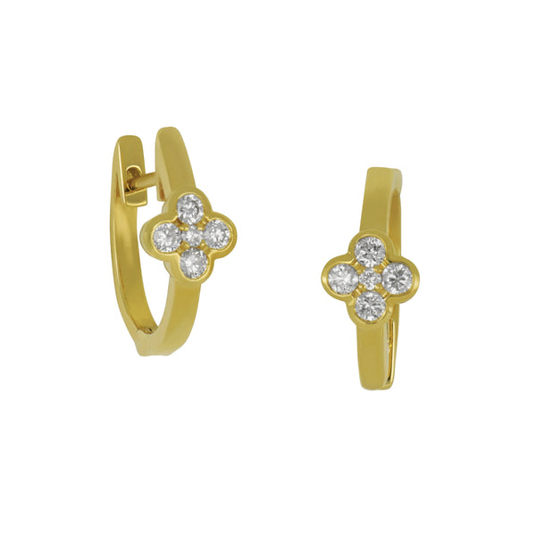 18k Yellow Gold Small Hoop Diamond Flower front Earring, D=0.25tw