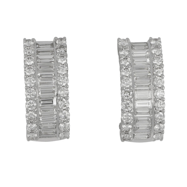 18 karat white gold three row Round and Baguette Diamond half Hoop Earrings, D=2.81tw