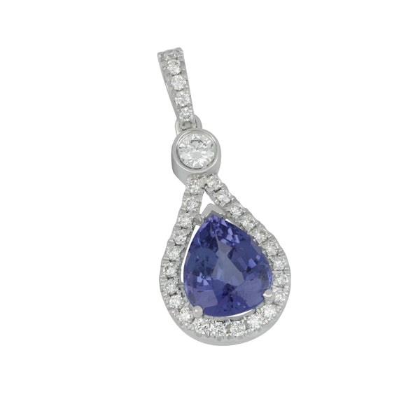 14k White Gold Pear Shape Halo Tanzanite and Diamond Pendant, TZ=1.40ct D=0.28tw