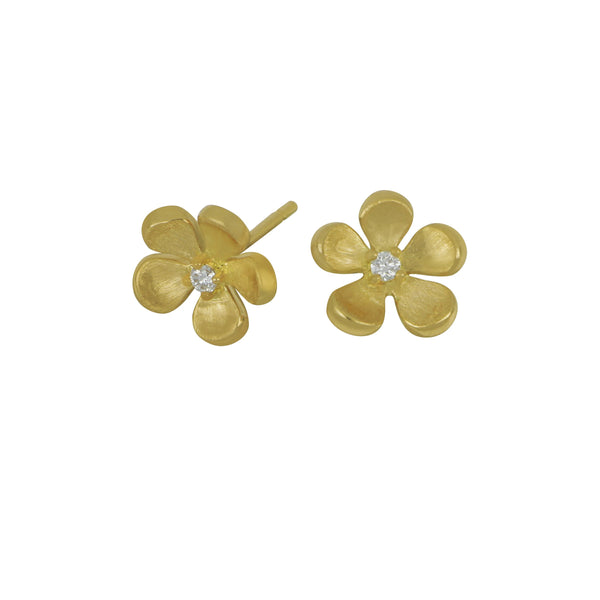 Syna 18 karat yellow gold Jardin small Satin Flower Champagne Diamond Stud Earrings, D=0.05tw