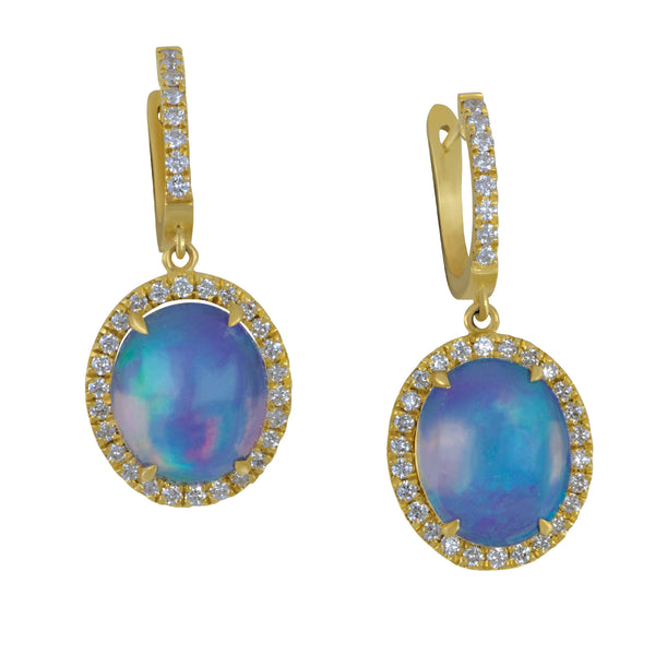 David Kord 14k Yellow Gold 12x10 Opal with Diamond Halo and Euro Wire Earrings, Op=5.47tw, 68Dias=.73tw GH/SI