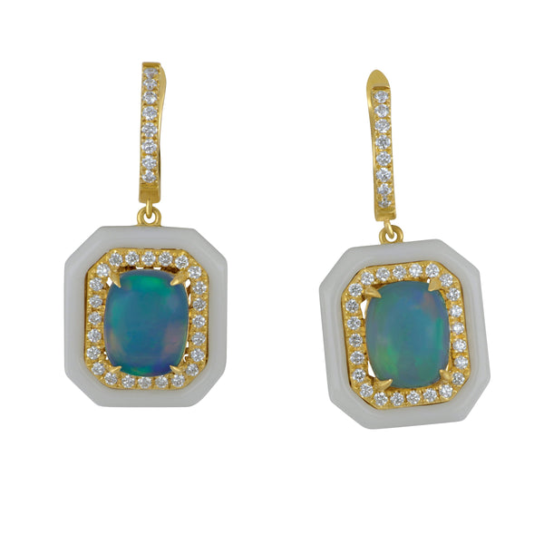 David Kord 14 Karat Yellow Gold Opal with Diamond and White Enamel Halos Earrings, Op=3.49tw, 64Dias=.67tw GH/SI