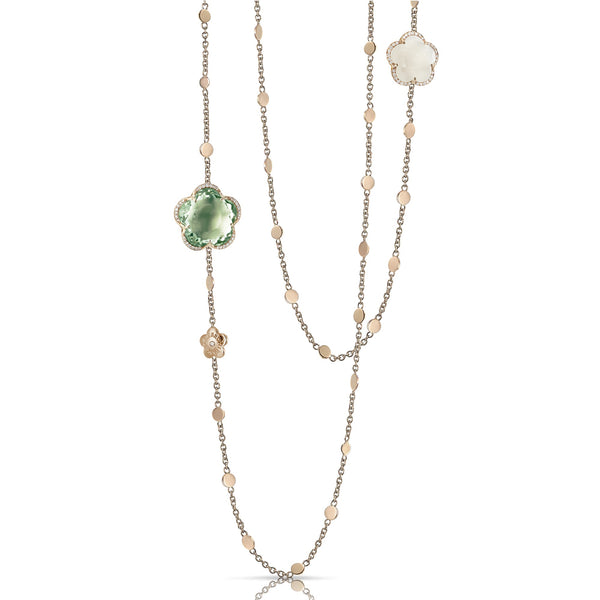 Pasquale Bruni 18 karat rose gold Bon Ton prasiolite, milky quartz and diamonds 0.19ctw sautior necklace 40"