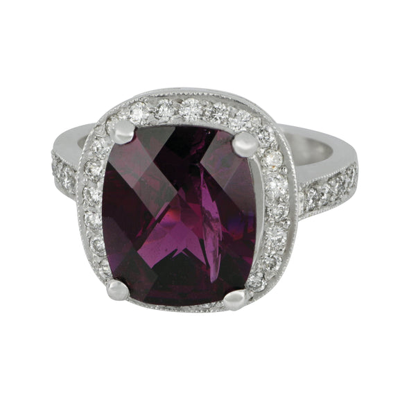 18k White Gold Halo Rhodolite Garnet and Diamond Ring, GAR=6cts D=0.58tw, Size 6.5