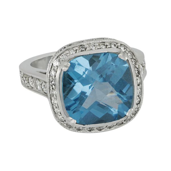 18k White Gold Cushion Halo Blue Topaz and Diamond Ring, BT=7.50ct D=0.95tw, Size 6.5