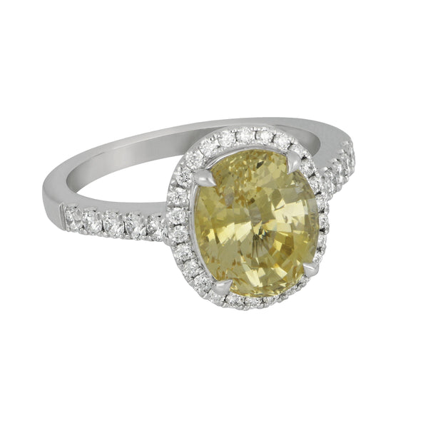 14 karat white gold oval Halo Yellow Sapphire and Diamond Ring size 6.5, YSA=4.31ct D=0.37tw