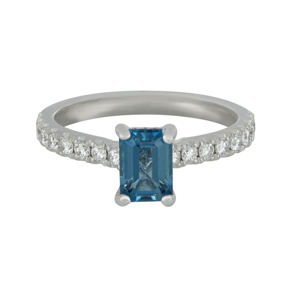 14k White Gold Emerald Cut Blue Tourmaline and Diamond Ring Size 6.5, B TRM=1.13ct D=0.47tw