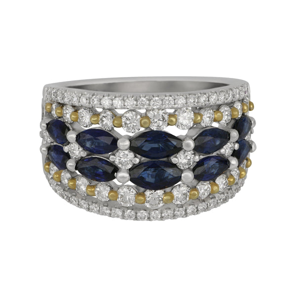 18k White and Yellow Six-Row Sapphire and Diamond Ring Size 6.5, SA=1.92tw D=1.18tw