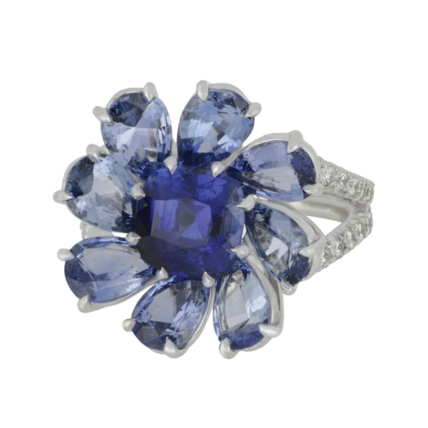 Platinum Flower Sapphire and Diamond Ring, SA=9.39tw D=0.64tw EF/VS1, Size 6