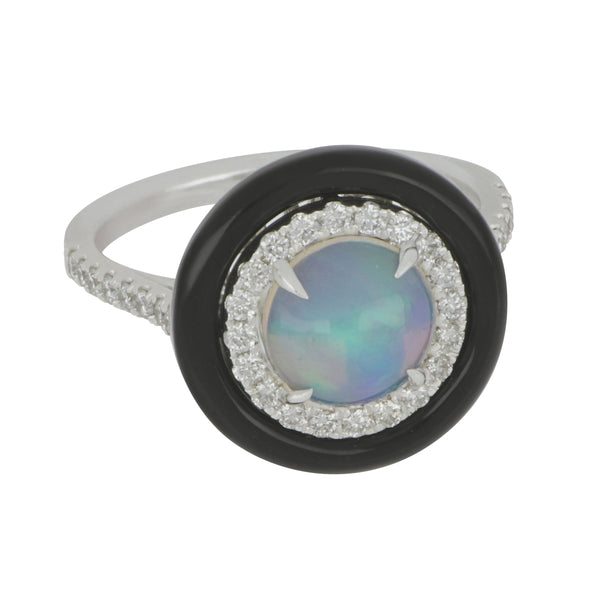 14k White Gold Round Diamond Halo Opal with Black Enamel Ring Size 6.75, Opal=0.93ct, D=0.37tw GH/SI