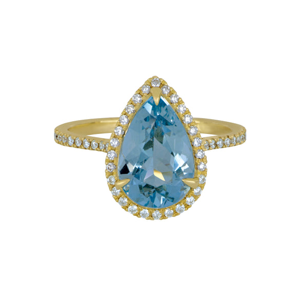 14k Yellow Gold Pear Shape Aqua with Diamond Halo/Shank, Aqua=2.50ct, 48Dias=.30tw GH/SI