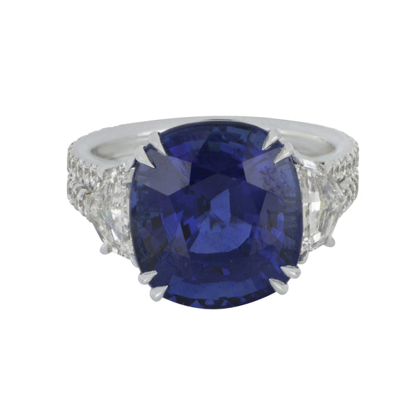 Platinum 3 Stone Cushion Sapphire and Half Moon Diamond Ring, SA=13.35ct 2D=1.01tw D=0.93tw EF/VS-VVS, Size 6