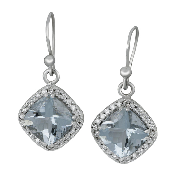 14k White Gold Cushion Halo Aquamarine and Diamond Drop Earrings, D=0.48tw