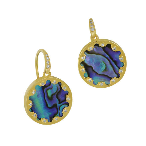 Syna 18 karat yellow gold Mogul Abalone 6cts Round Diamond Drop Earrings, D=0.10tw