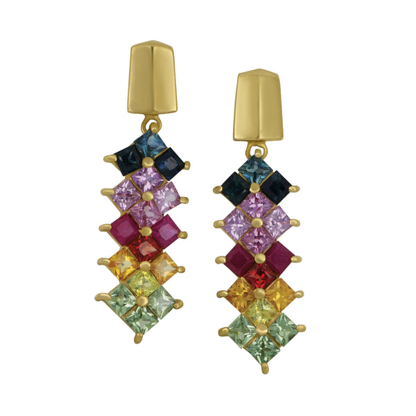 14k Yellow Gold Three-Row Multi Color Sapphire Dangle Earrings, SA=3.40tw