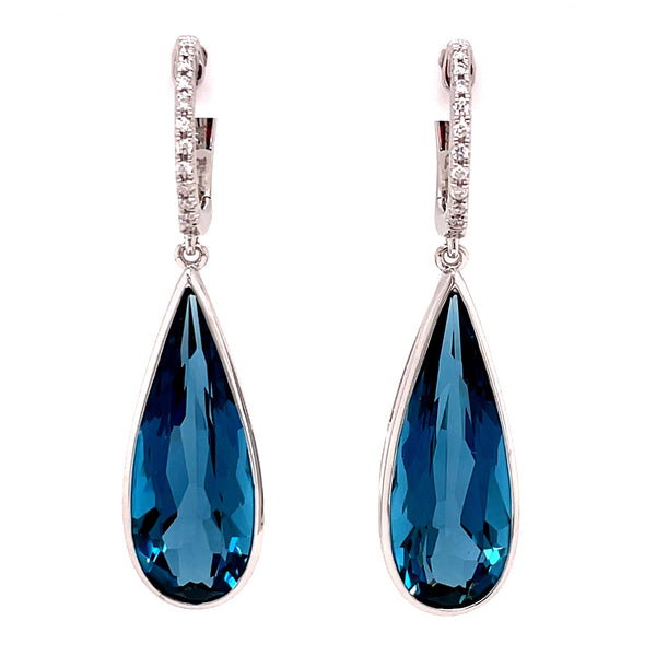 14 Karat White Gold London Blue Topaz Drop Earrings with Diamond Euro Wires, LBT=14.10tw, 20Dias=.13tw GH/SI