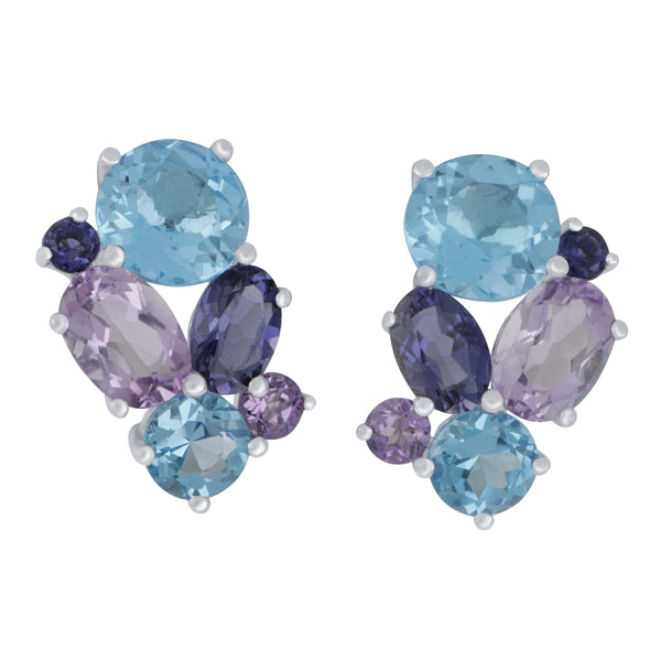 14 Karat White Gold Multi Blue Topaz, Pink Amythest and Iolite Earrings, BT=4.70tw, Pink Am=1.80tw Iolite=1.00tw