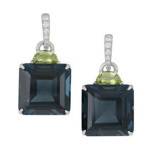 14 karat White Gold London Blue Topaz, Peridot and Diamond drop earrings, LBT= 23.20tw PER=0.60tw D=0.12tw GH/ SI supports Captain's for Clean Water