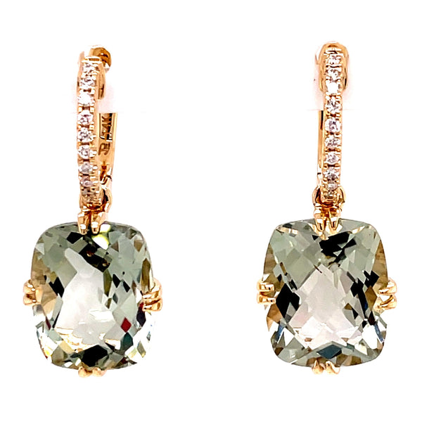 14k Yellow Gold Green Amethyst with Diamond Euro Wire Earrings, Gr Am=8.30tw, Dias=.12tw GH/SI