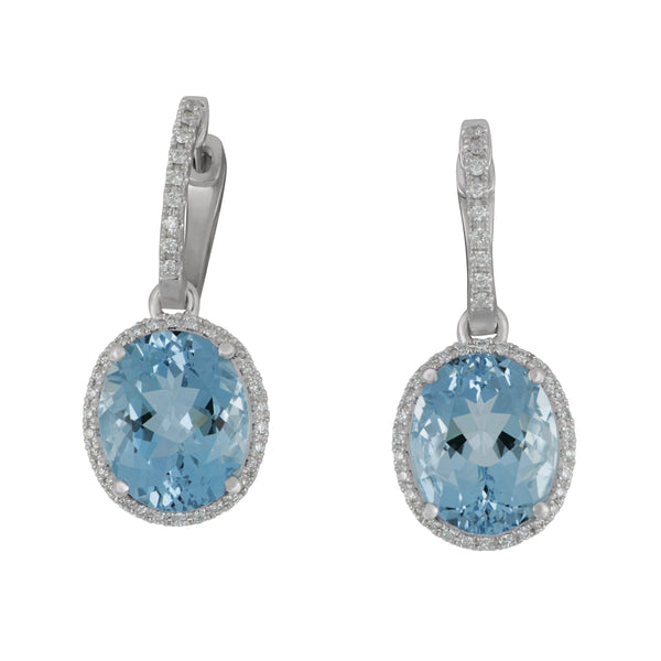 14 Karat White Gold Aqua with Diamond Bezels/Euro Wire Earrings, Aqua=6.50ct, Dias=.78tw GH/SI Earrings