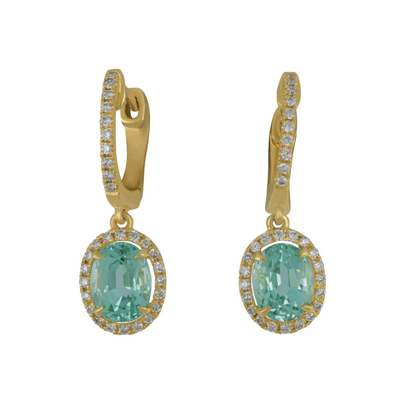 14k Yellow Gold  Mint Tourmaline with Diamond Bezel Earrings, Mint Tourm=1.76tw, 60 Dias=.30tw