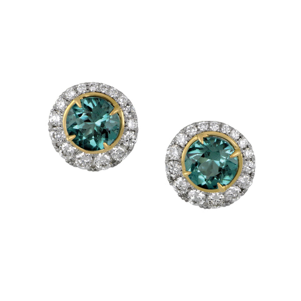 14k White Gold Mint Tourmaline with Diamond Halo Earrings, Mint Tourm=1.90tw, 32Dias=.15tw